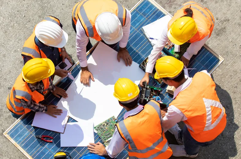 Construction team reviewing plans for a Los Angeles project