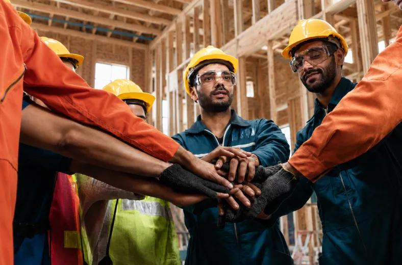 Construction team showing teamwork and commitment