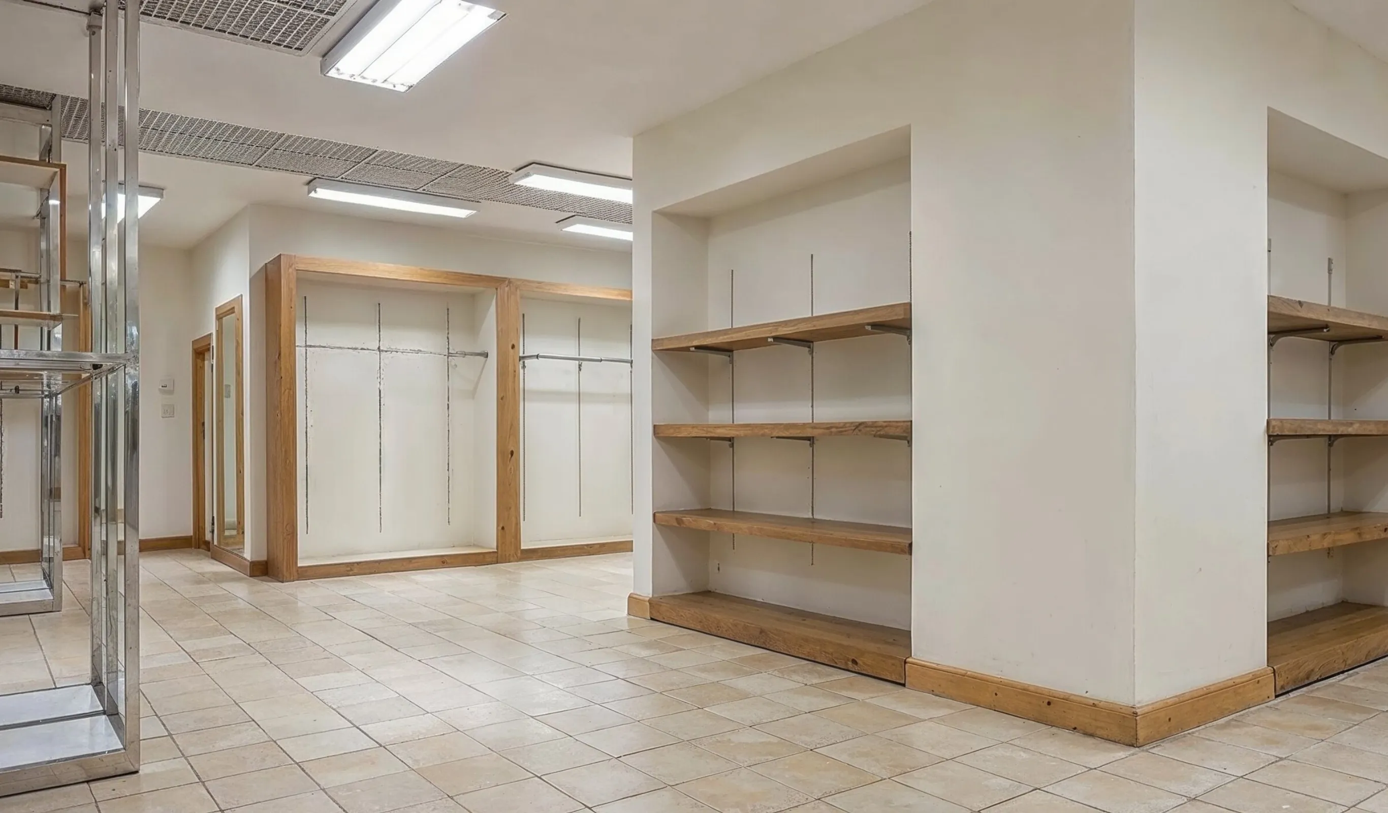 Before view of an outdated Los Angeles commercial space before remodeling with empty retail interior, older flooring, limited display areas, and business renovation potential