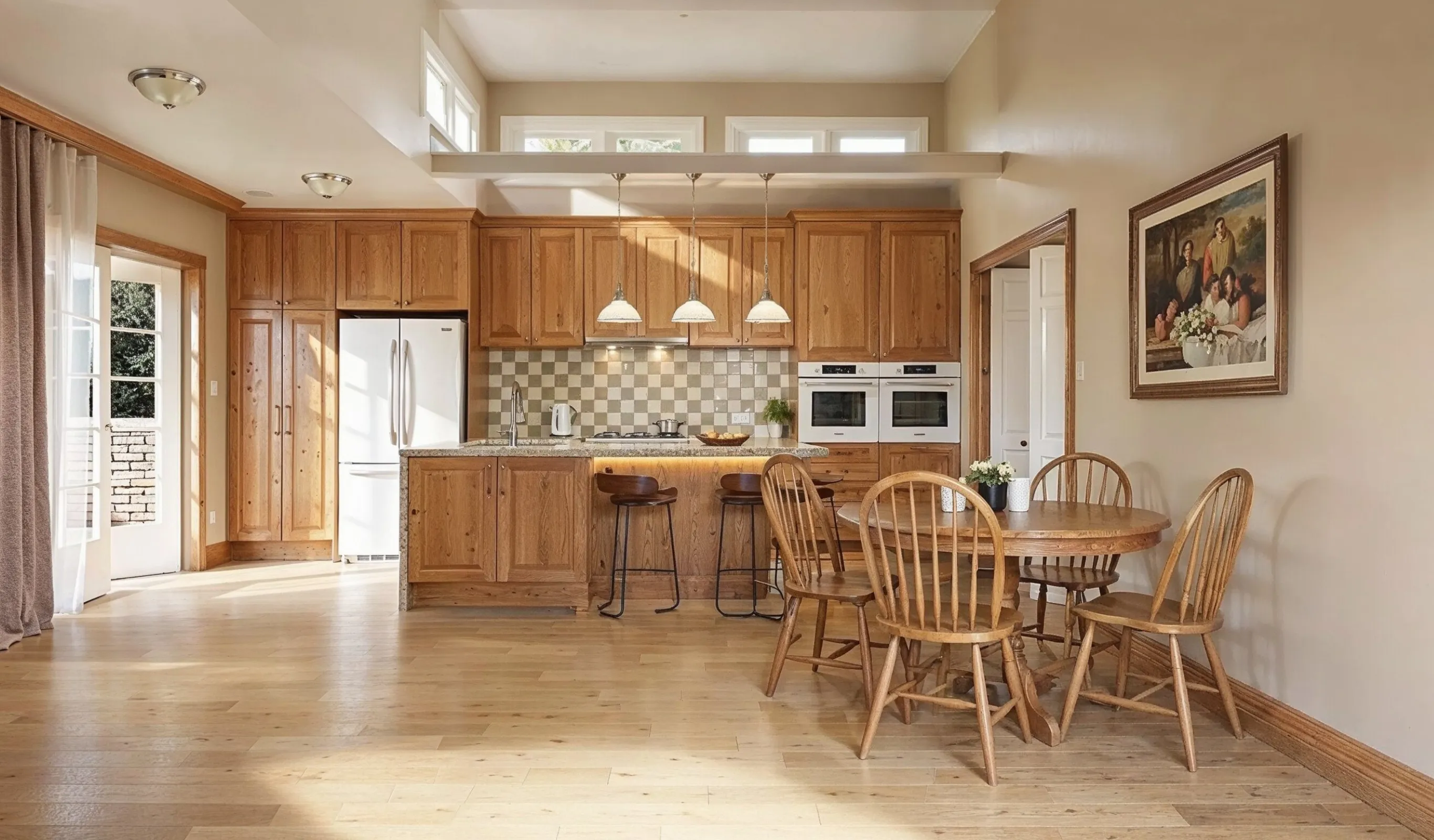 Before view of an outdated Los Angeles kitchen before remodeling with old wood cabinets, limited counter space, traditional lighting, and dated layout