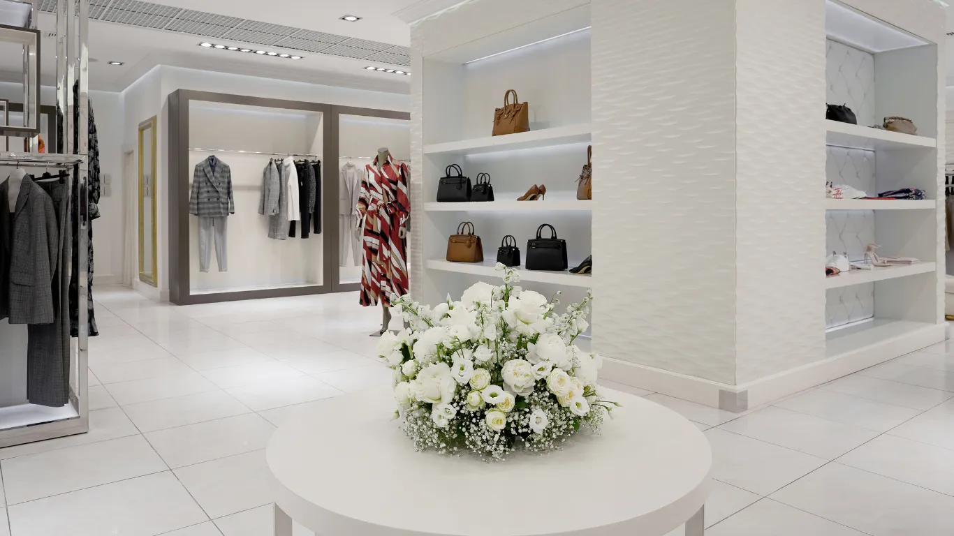 Commercial remodeling project in Los Angeles with luxury retail interior, modern display walls, bright lighting, polished floors, and upgraded business space design